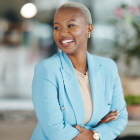 Office, business leader or happy black woman, HR manager or employee smile for startup company grow.